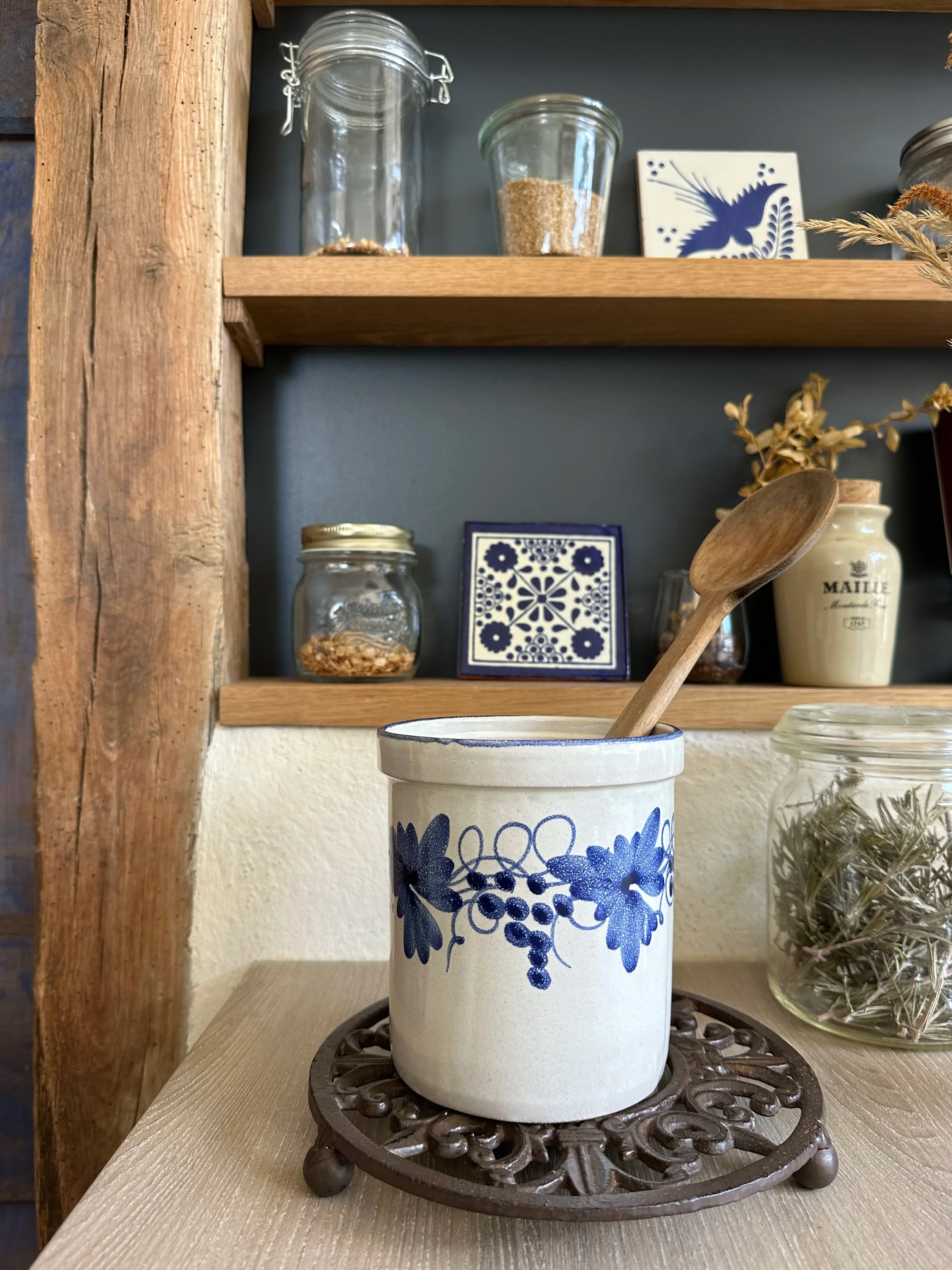 Pot à ustensiles en céramique émaillée bleue