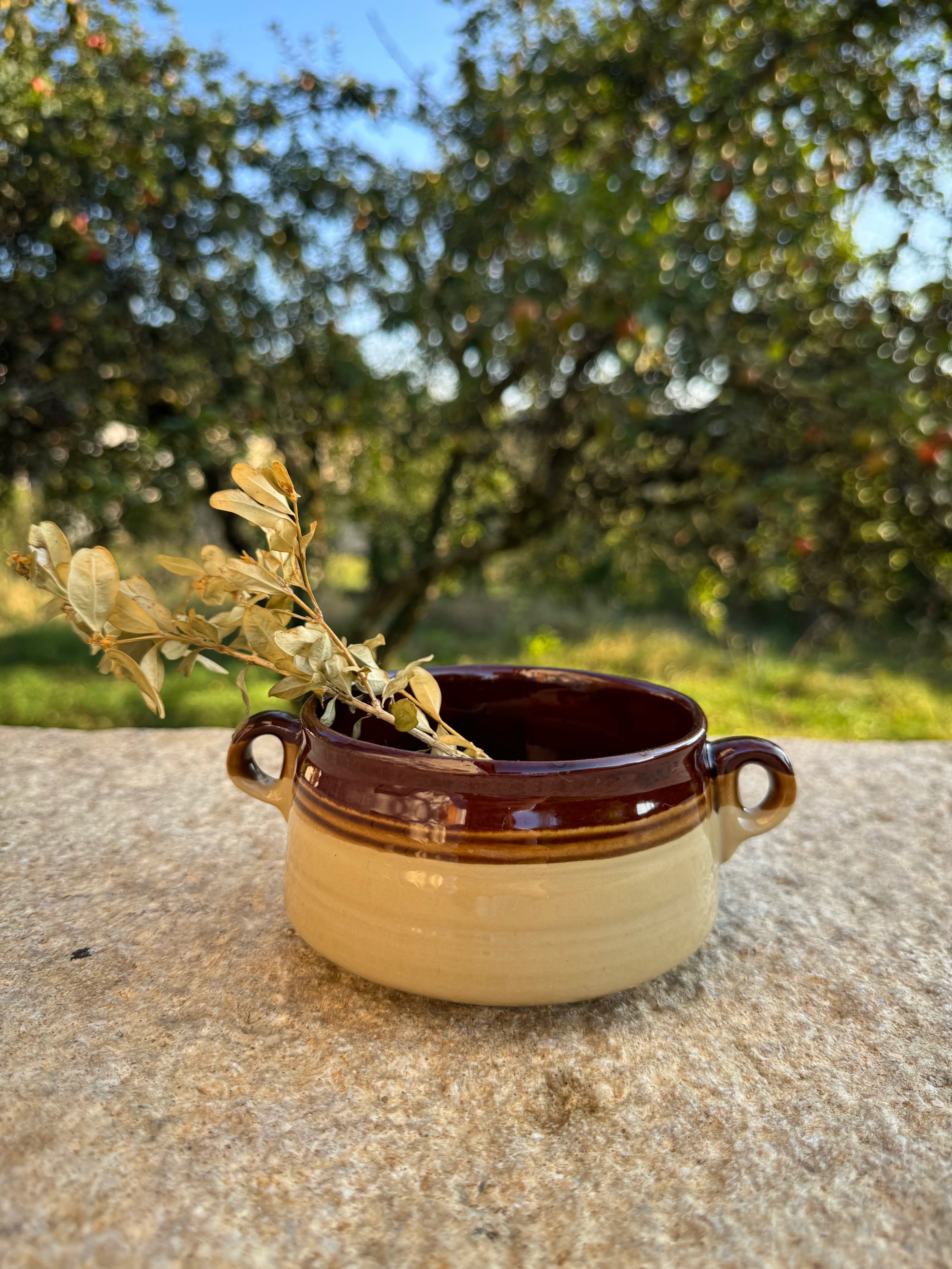 Petit pot en grès vintage bicolore avec poignées