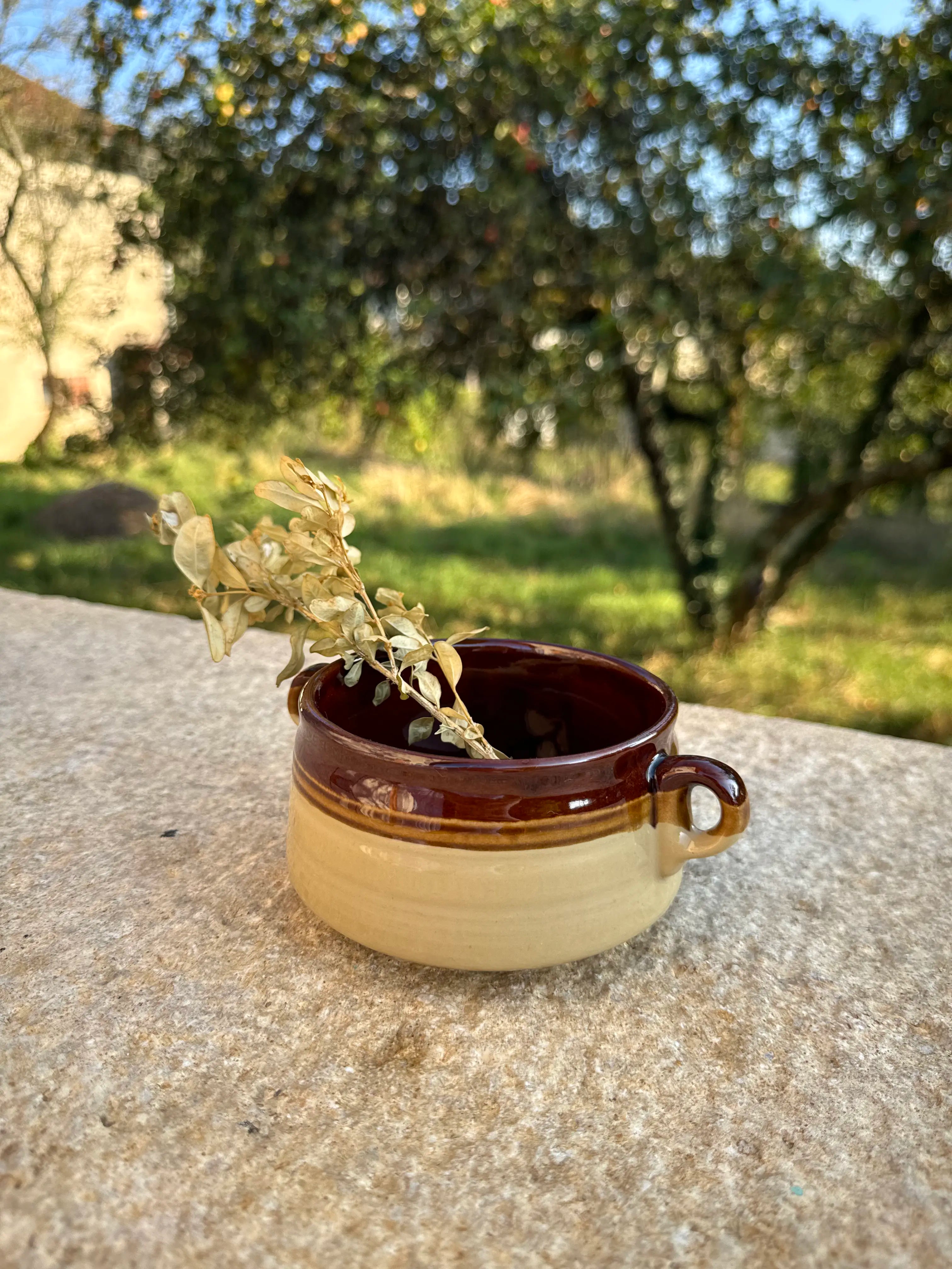 Petit pot en grès vintage bicolore avec poignées