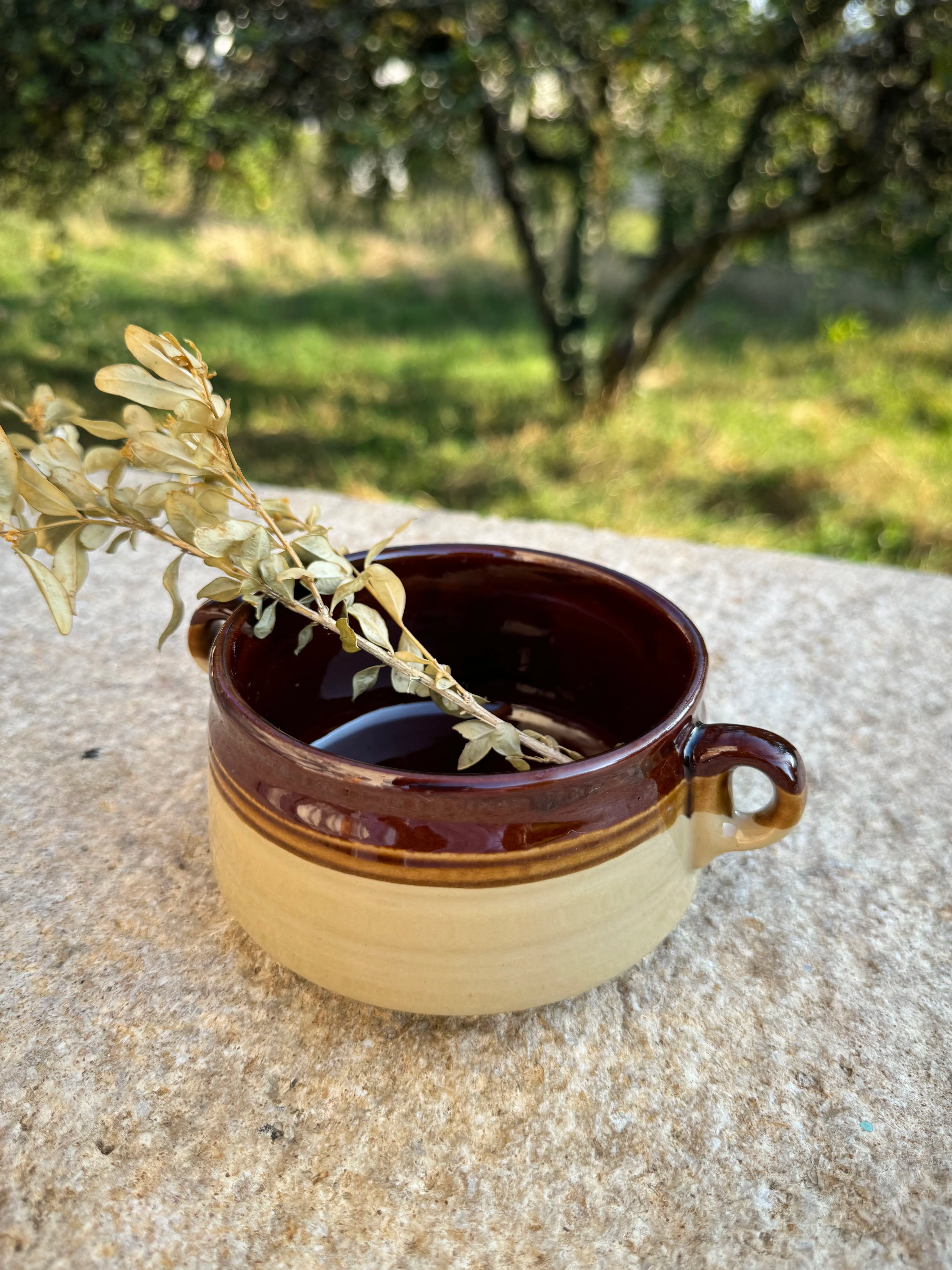 Petit pot en grès vintage bicolore avec poignées